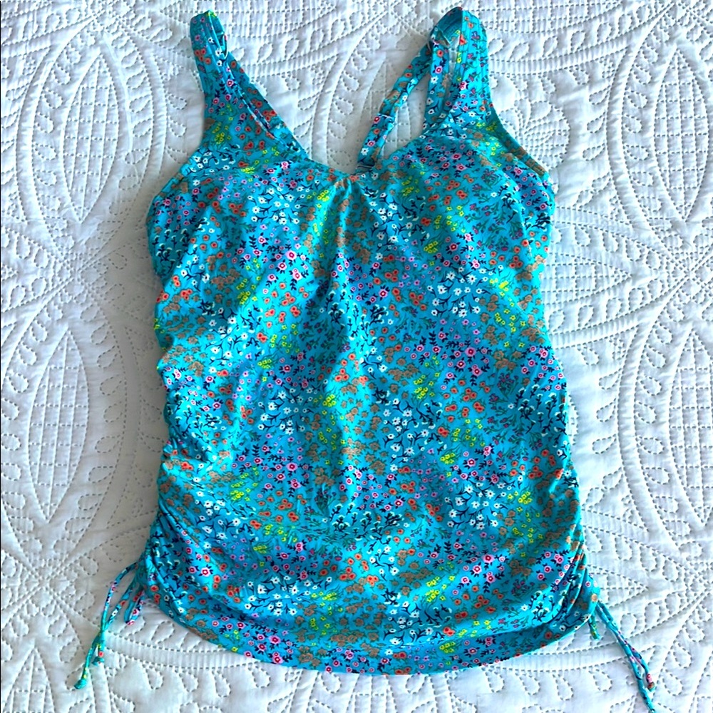 Lands' End Turquoise Mini Floral Tankini Top